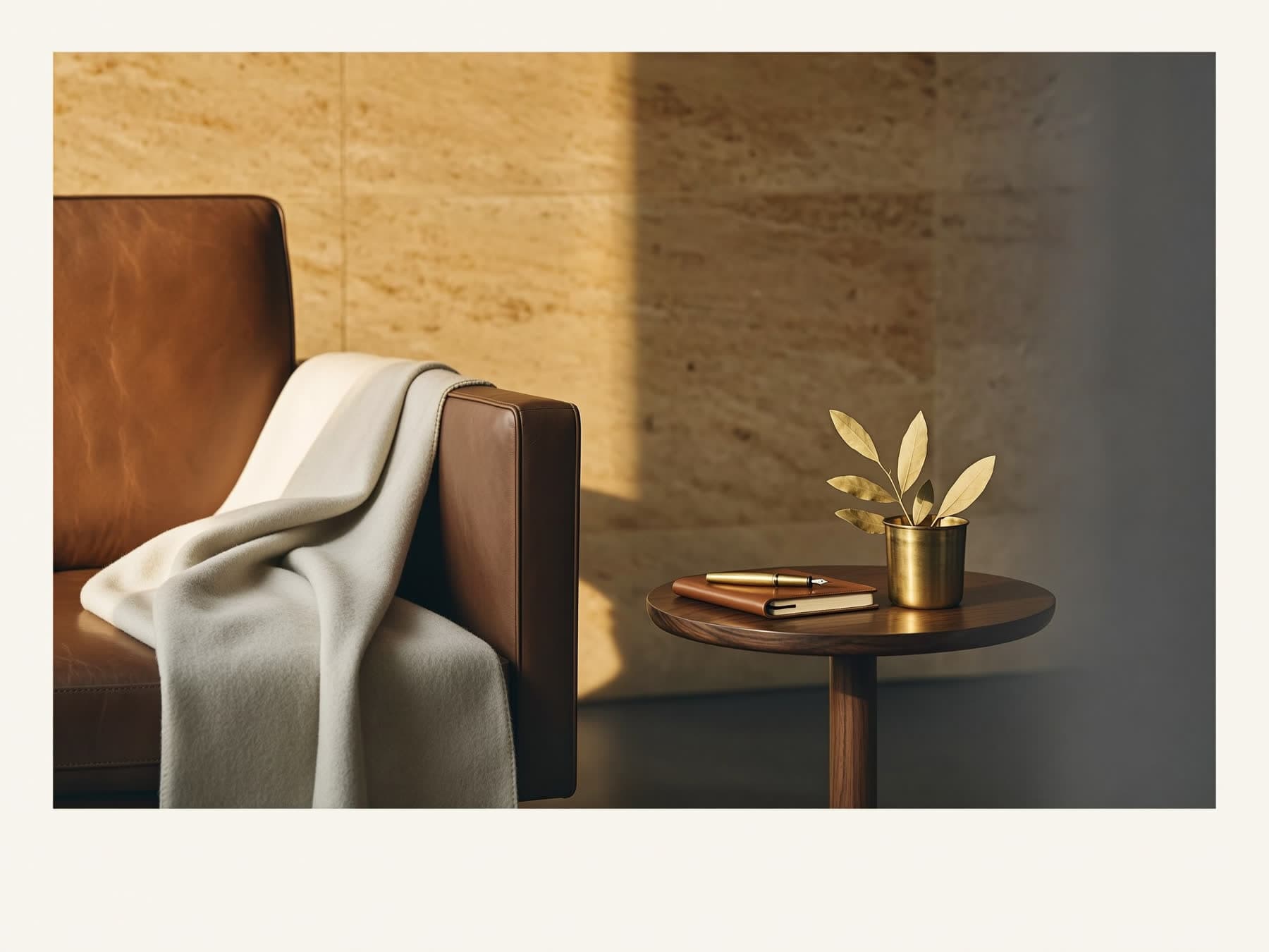 Warm interior with a leather club chair, walnut side table, brass pen and notebook, conveying the calm consultation space at Fountain of Youth LC in Las Cruces