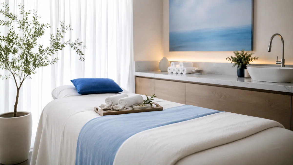 A serene modern treatment room with folded towels and soft daylight, body contouring in Las Cruces, NM