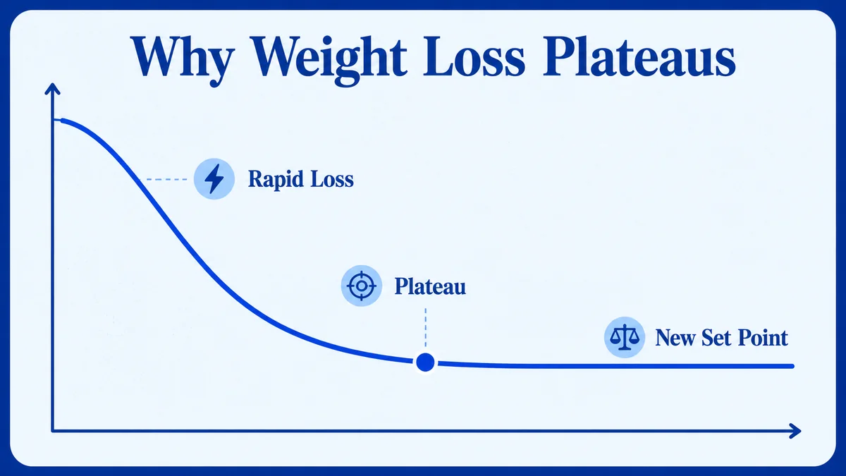 A weight loss curve that drops quickly then flattens into a plateau, labeled rapid loss, plateau, and new set point