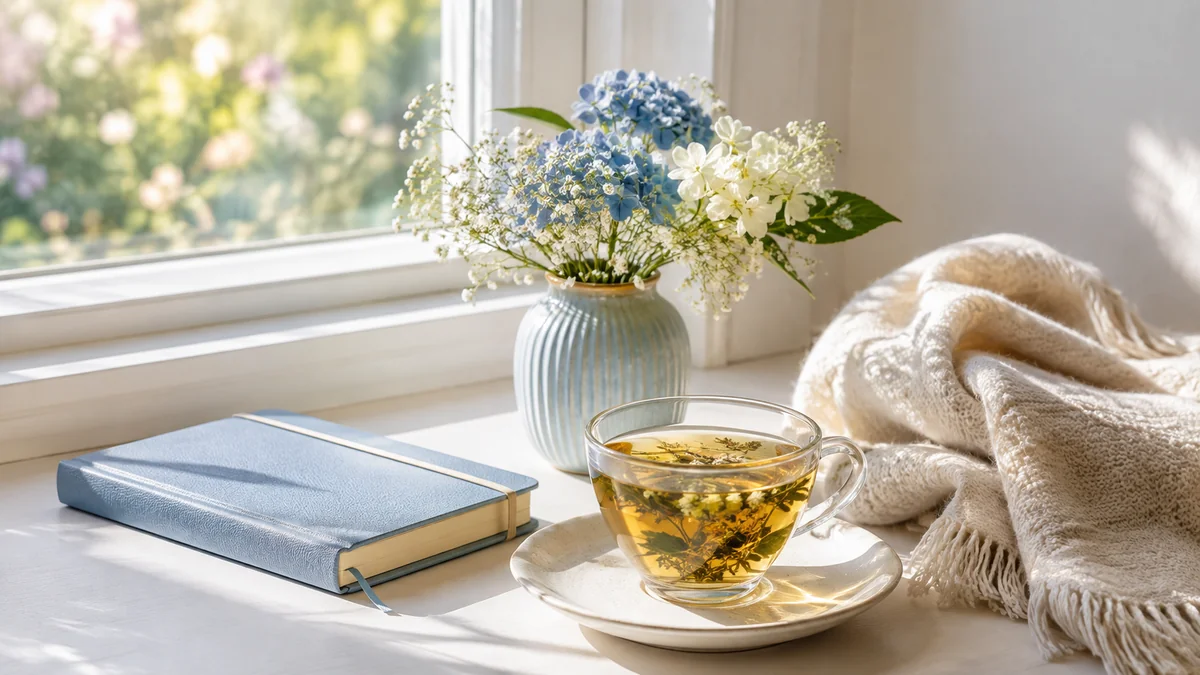 A peaceful morning windowsill with tea and a journal, hormone therapy for women over 40 in Las Cruces, NM
