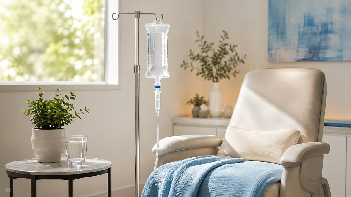 A calm modern wellness clinic corner with an IV hydration bag and recovery chair in Las Cruces, NM
