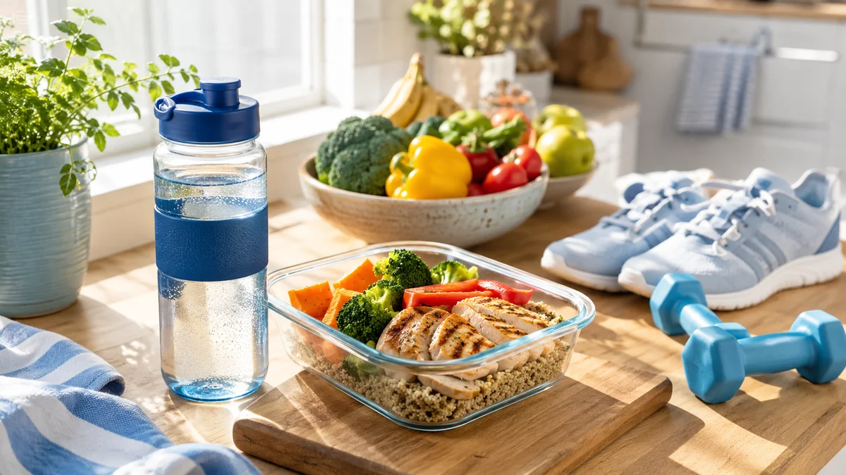 A prepped healthy meal, water, fresh produce, walking shoes, and light weights on a bright counter, everyday habits for maintaining weight loss in Las Cruces, NM