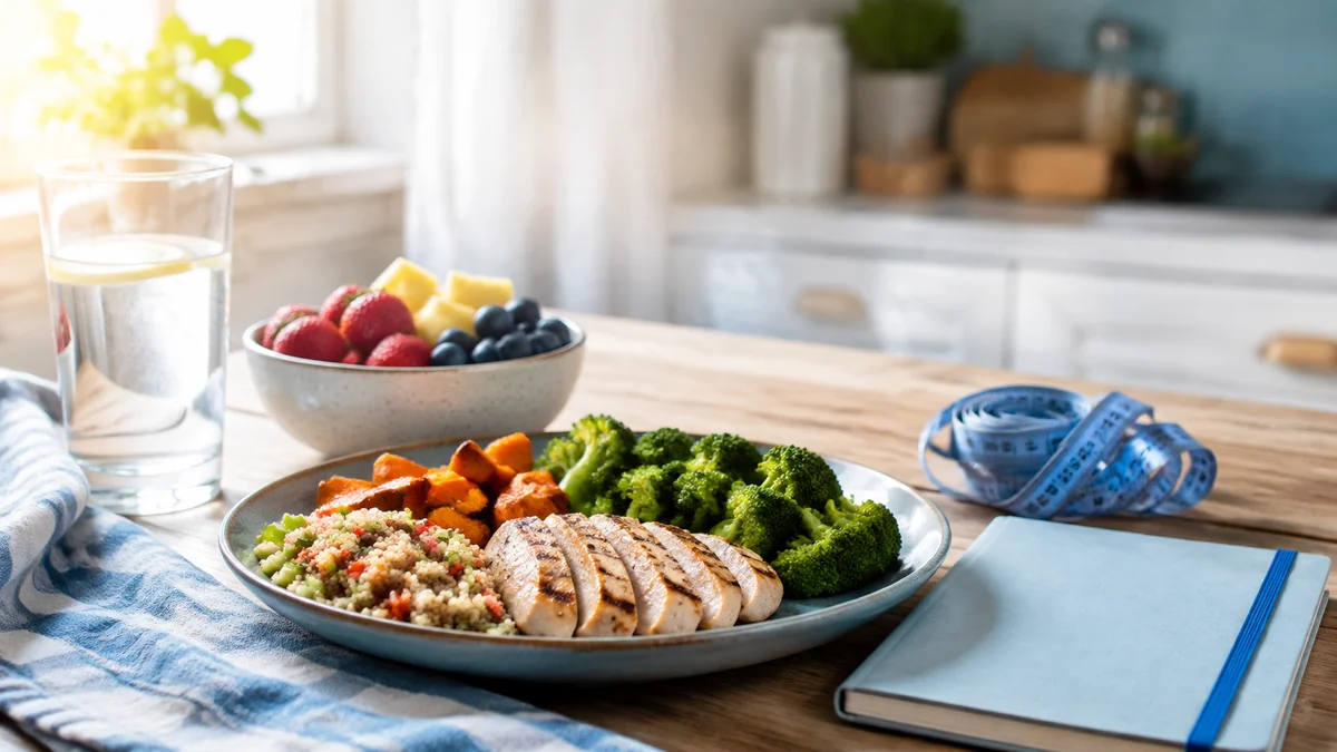 Fresh lean protein, vegetables, water, and a tape measure on a bright counter for physician-guided weight loss in Las Cruces, NM