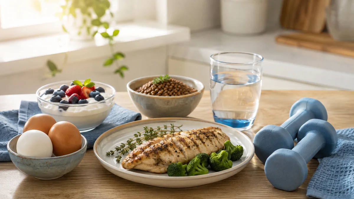 Protein-forward foods and light hand weights on a bright kitchen counter, simple ways to protect muscle on semaglutide in Las Cruces, NM